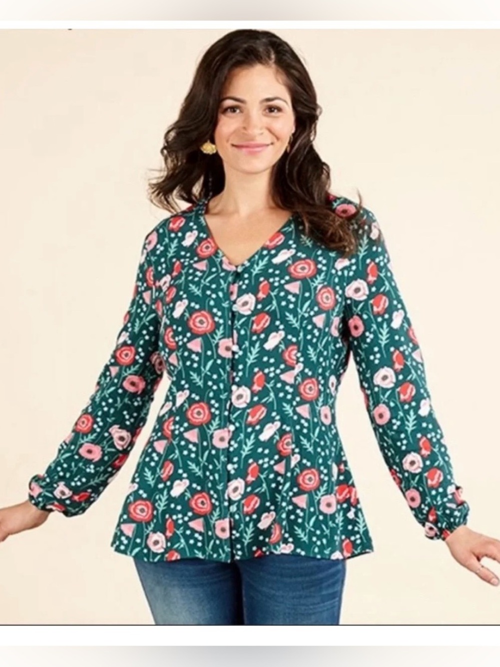 Matilda Jane Yesteryear Green Floral V-Neck Peplum Top with Pink & Red Flowers